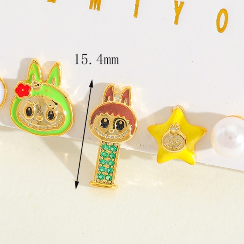 Labubu Inspired 14K Gold Monster Pez Theme Enameled Earrings Mismatched Set - Picture 2 of 6
